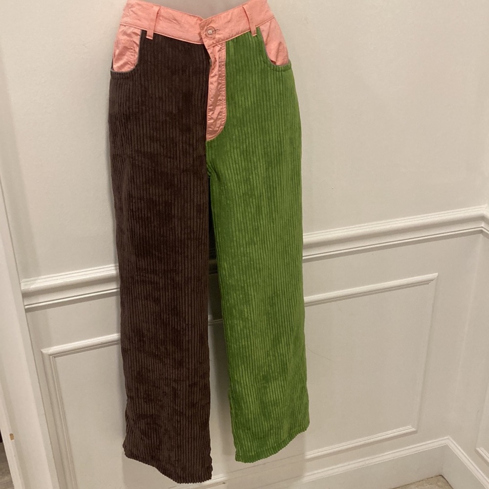 Somewhere Nowhere Brown & Green Corduroy Pants with Pink Trim S/M - Picture 4 of 7